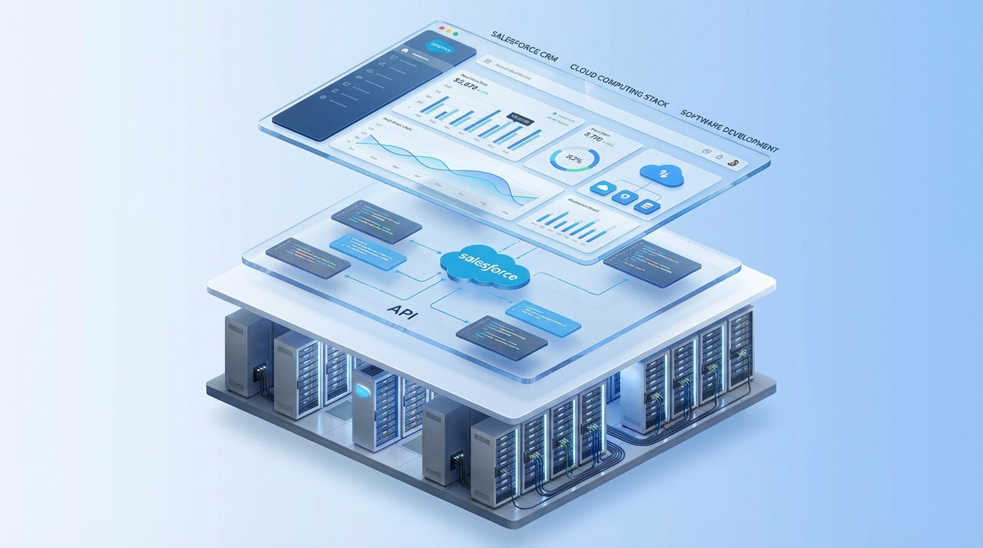 A professional 3D isometric diagram showing the layers of cloud computing: physical server infrastructure, developer platforms, and end-user software applications.