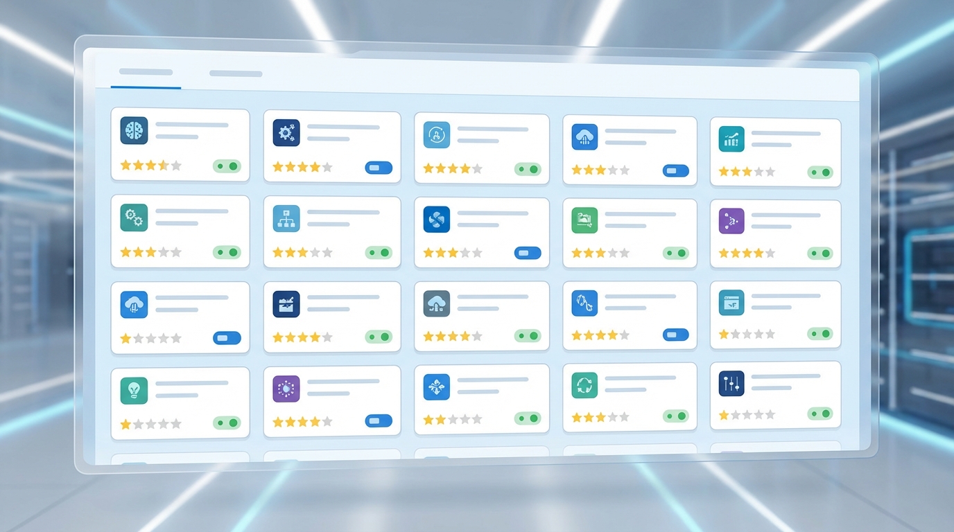 A professional UI mockup of a software marketplace gallery showing a grid of high-quality, specialized AI agent components.