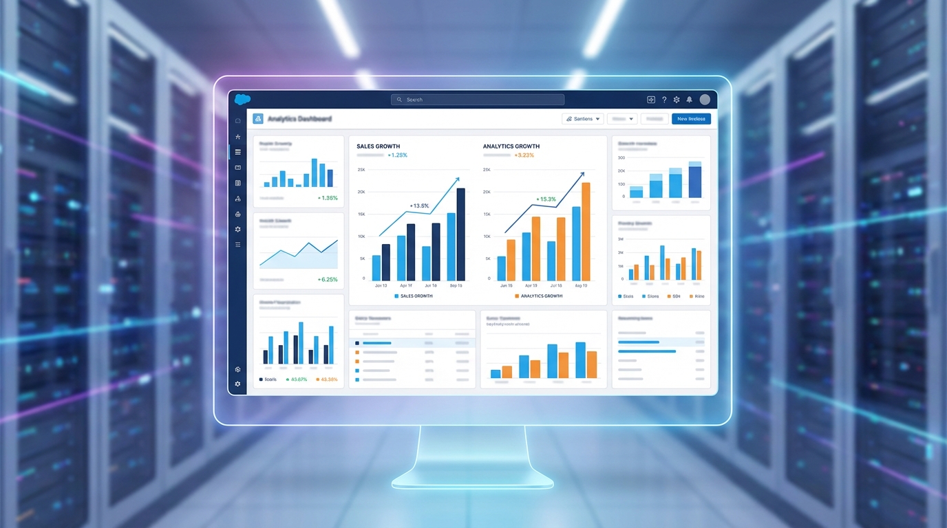 A professional analytics dashboard showing growth metrics and bar charts for different software categories in a clean CRM interface.