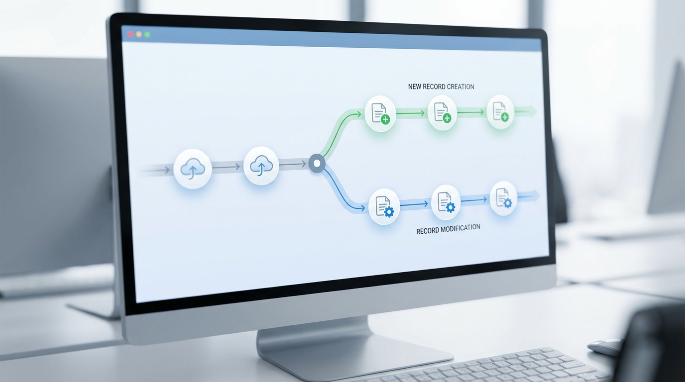 A technical diagram illustrating how a mixed batch of records splits into separate insert and update processing paths during an Apex upsert operation.