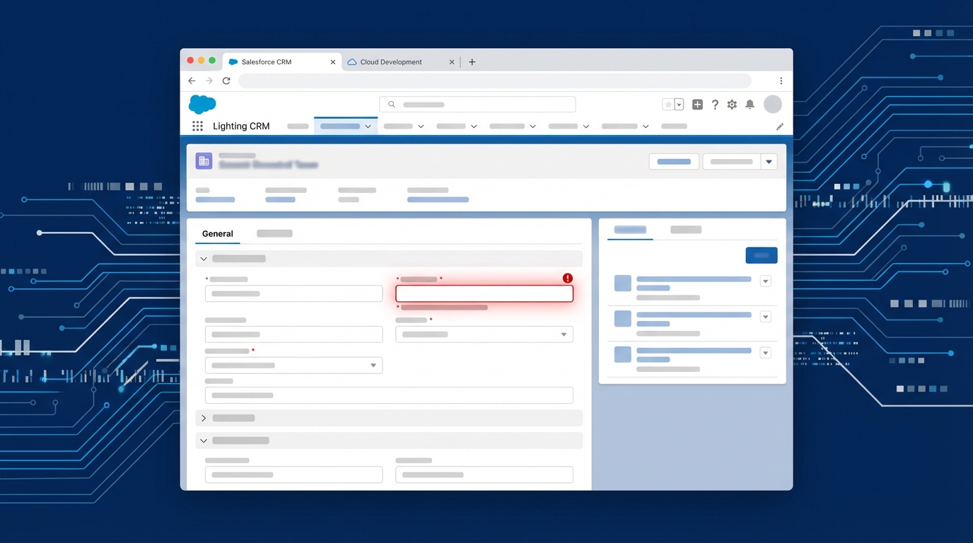 A realistic mockup of a Salesforce record page showing a Customer ID field with a validation error highlight.