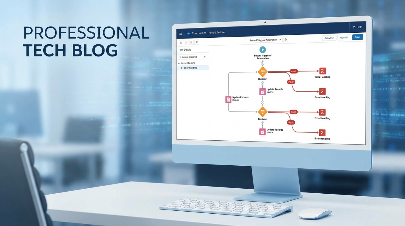 A detailed view of a Salesforce Flow Builder canvas showing a well-structured automation with decision logic and error-handling fault paths.