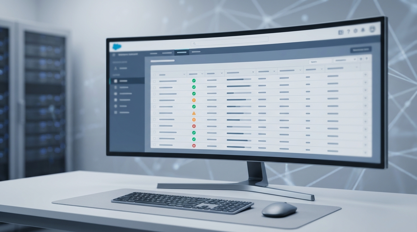 A realistic Salesforce administrative dashboard showing a list of asynchronous background jobs and their processing statuses.
