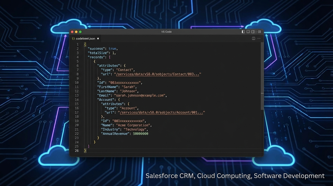 A professional code editor showing a JSON data structure with nested parent-child record relationships.