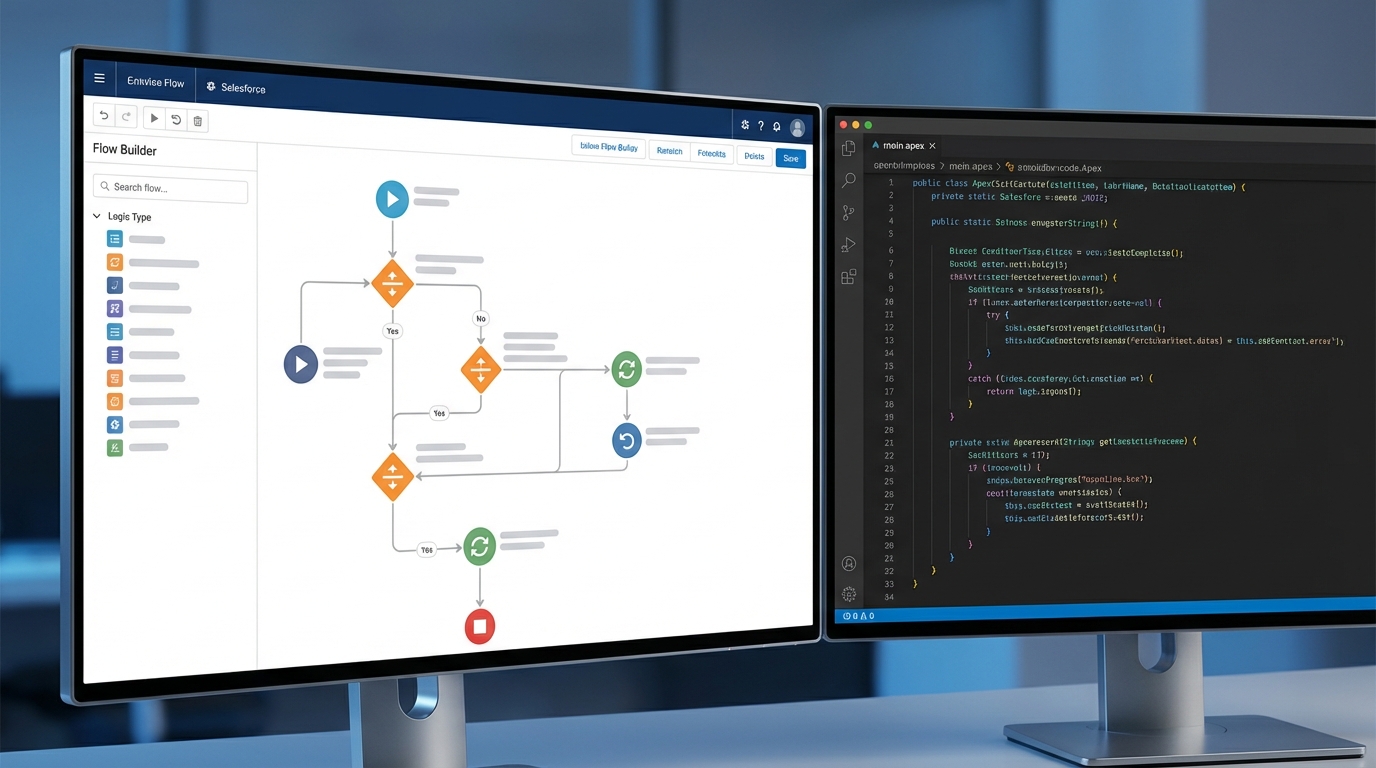 A split-screen visual comparing a complex Salesforce Flow diagram with multiple decision paths to a clean, organized code editor representing Apex.