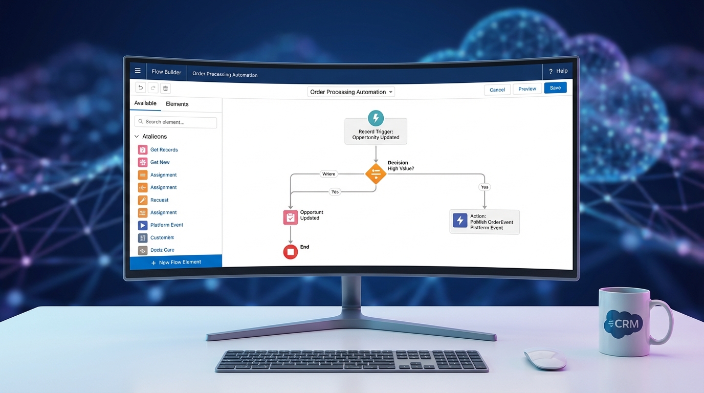 A realistic screenshot of the Salesforce Flow Builder interface showing a record-triggered flow designed to publish a platform event.