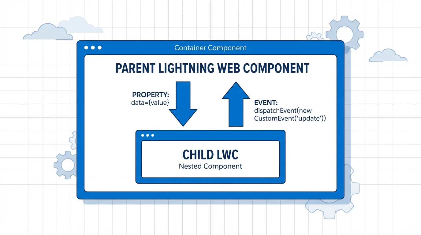 A technical diagram showing the bidirectional communication flow between a parent and child Lightning Web Component.