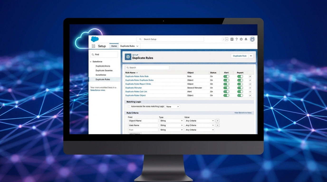 A realistic screenshot of the Salesforce Duplicate Rules setup interface showing configuration criteria and matching logic.