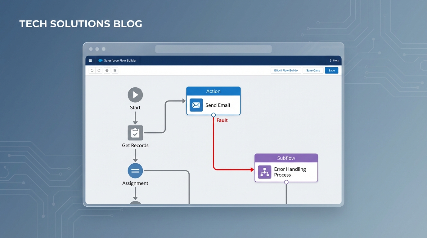 A Salesforce Flow Builder canvas showing a fault path connecting an email action node to a centralized error handler subflow.
