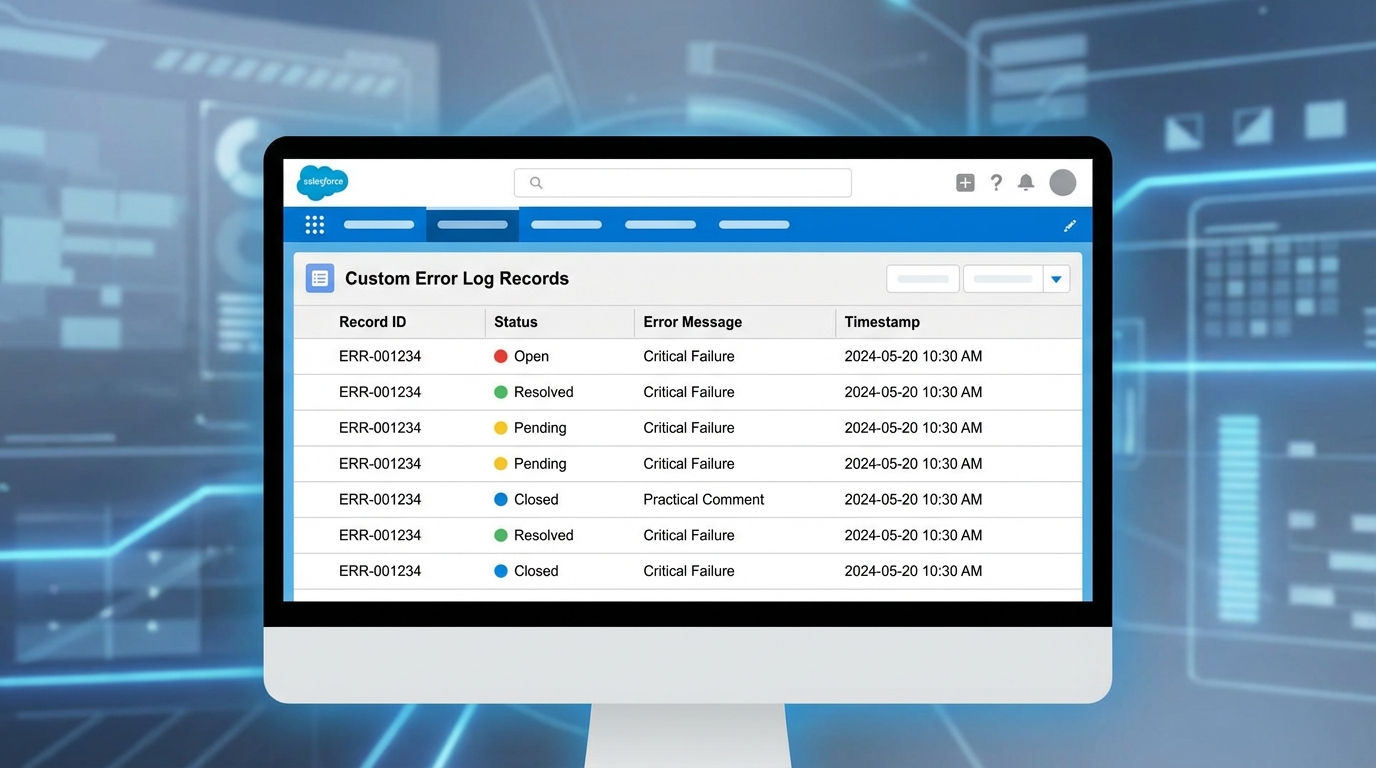 A realistic Salesforce Lightning UI mockup showing a list of error log records in a professional table format.