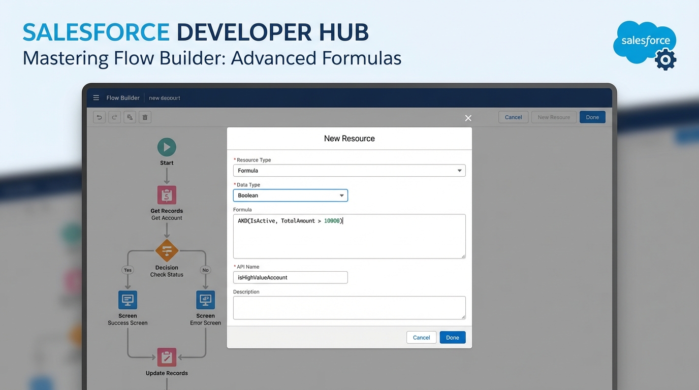 A realistic interface mockup of the Salesforce Flow Builder showing the creation of a new formula resource.