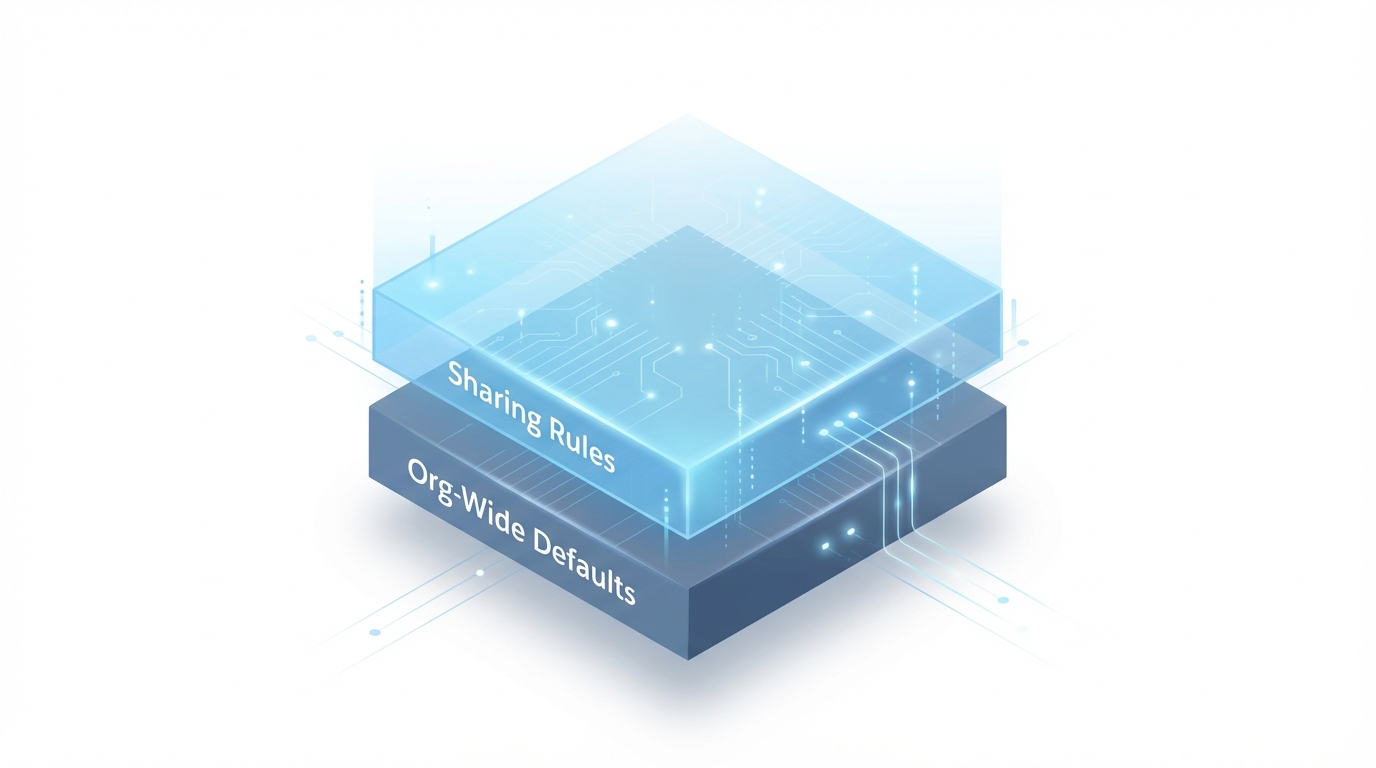 A professional architectural diagram showing sharing rules layered on top of org-wide defaults to expand record access.