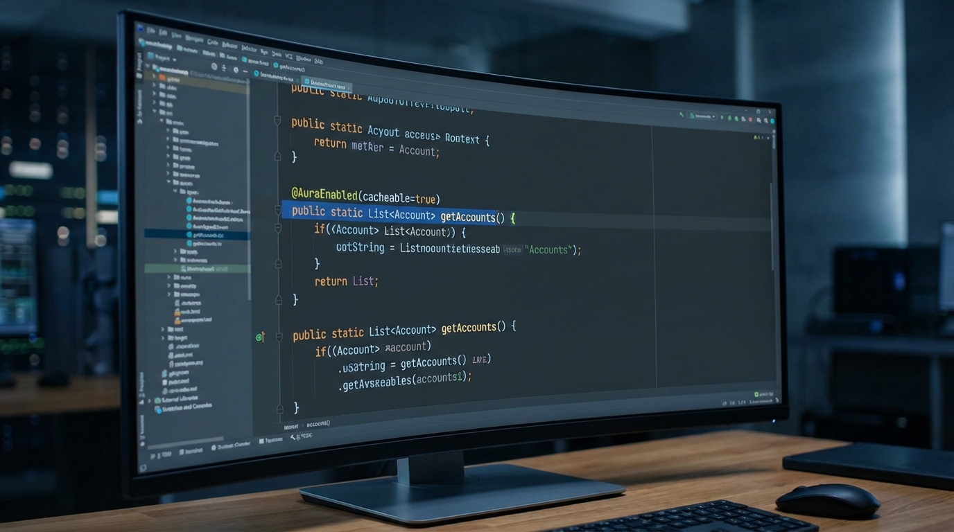 A high-quality code editor view showing a Salesforce Apex method with the @AuraEnabled annotation and static keyword.
