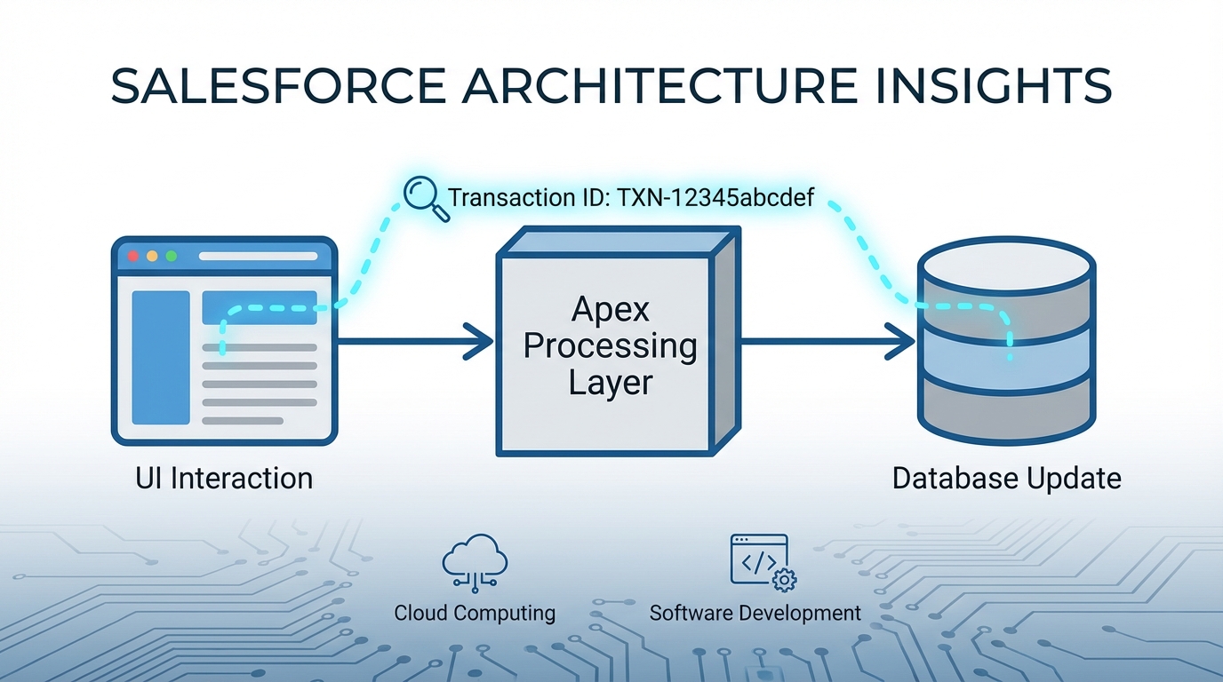 A technical diagram illustrating the end-to-end journey of a transaction ID from the user interface through Apex logic to the database.
