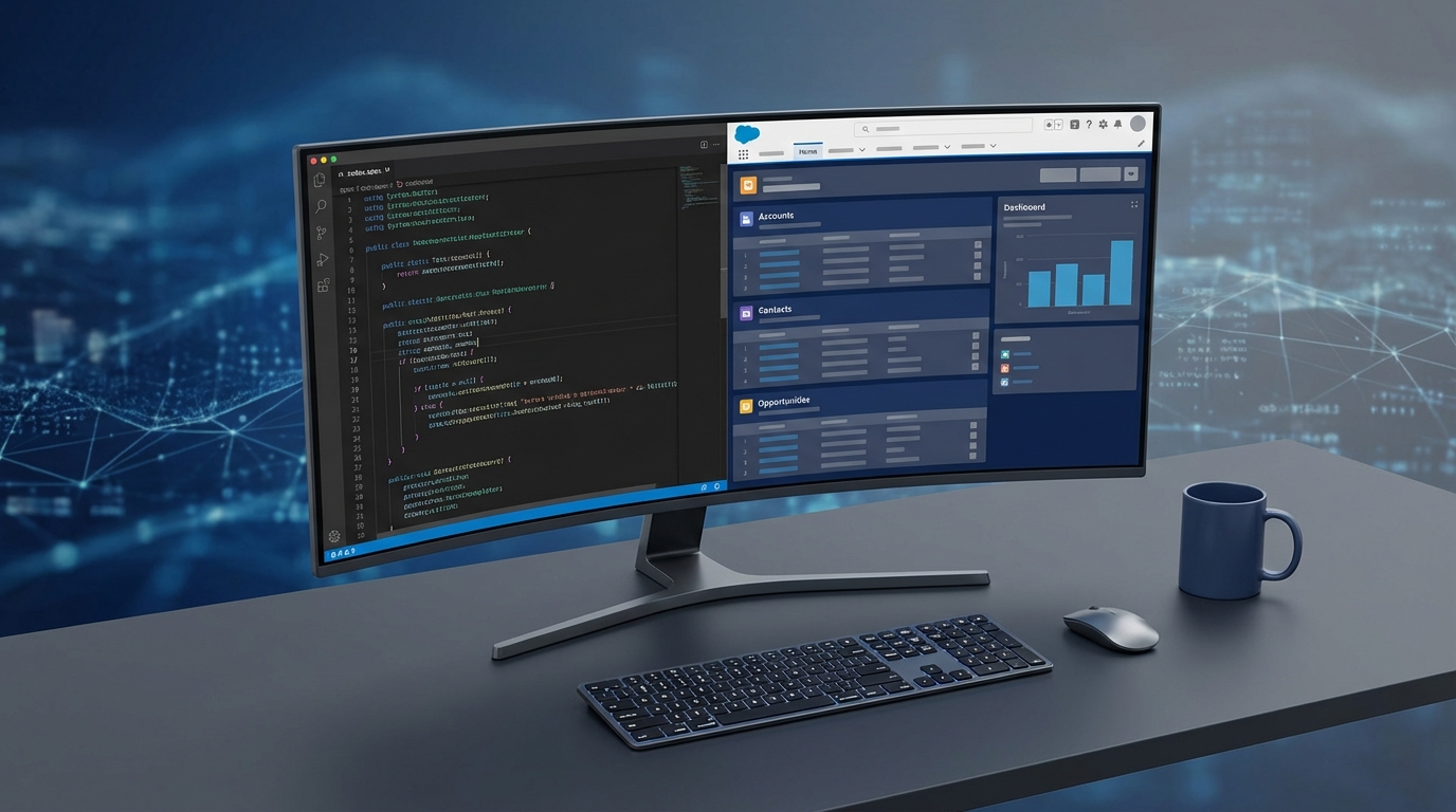 A split-screen view of a code editor with Apex trigger logic next to a Salesforce record detail page.