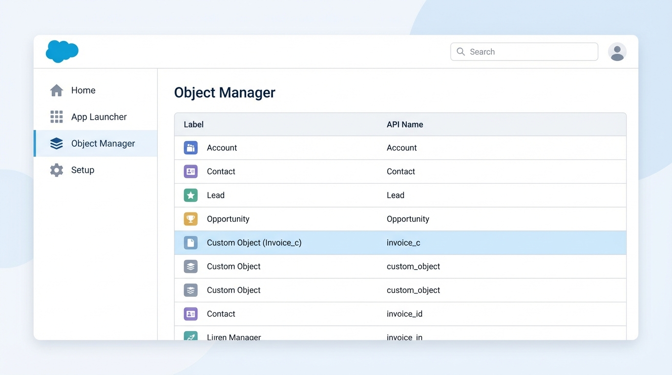 A clean, professional UI mockup of a CRM Object Manager screen showing a list of data tables and their technical API names.