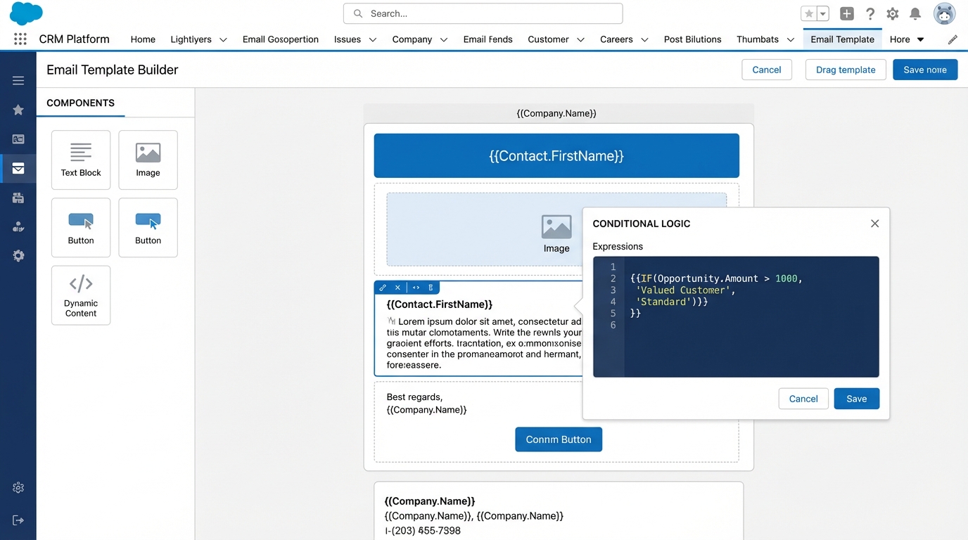 A realistic mockup of a Salesforce Lightning Email Template editor showing the placement of dynamic merge fields for conditional logic.