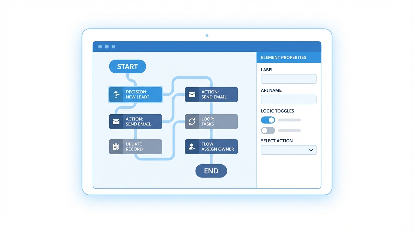 A professional UI mockup of an automation flow builder showing a logic diagram and configuration panels for cloud-based workflows.