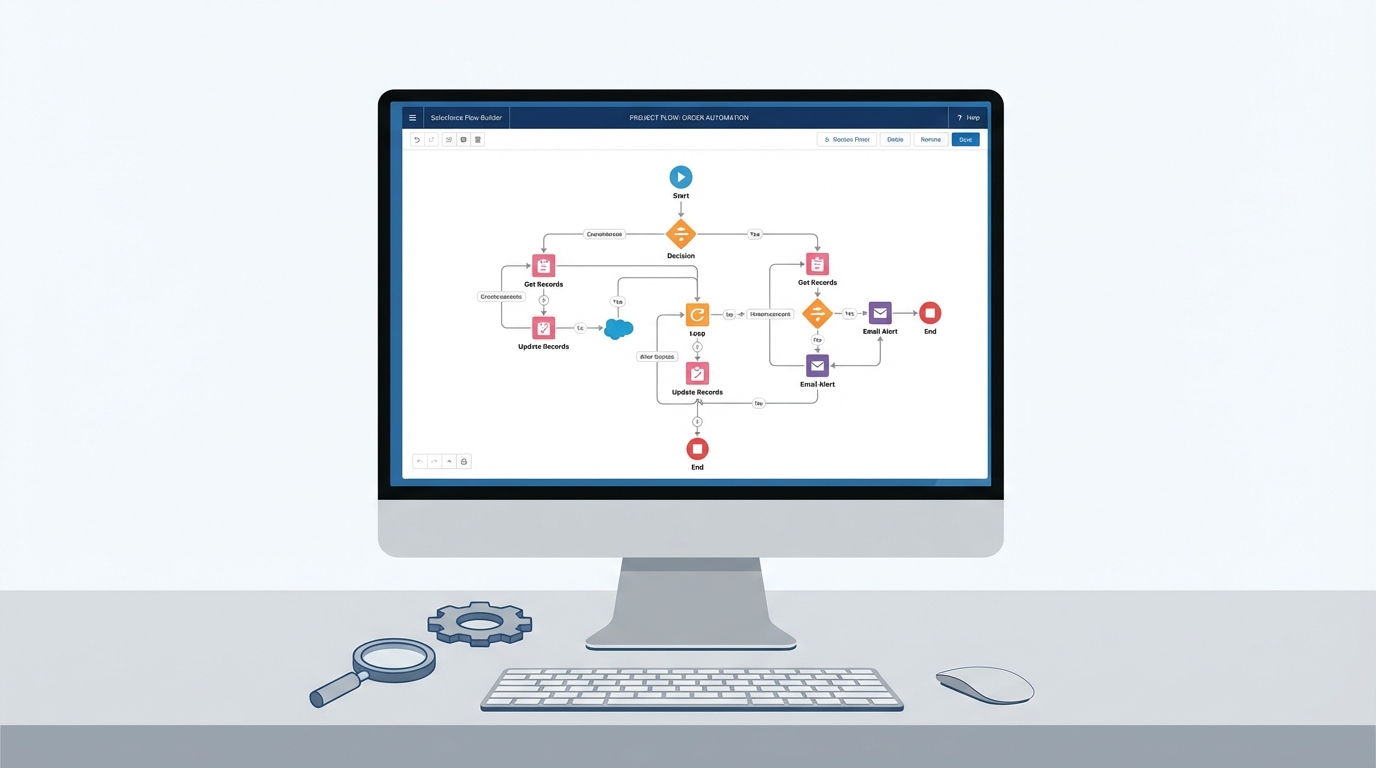 A realistic screenshot of a Salesforce Flow Builder canvas showing a complex automation workflow with various logic nodes and connectors.