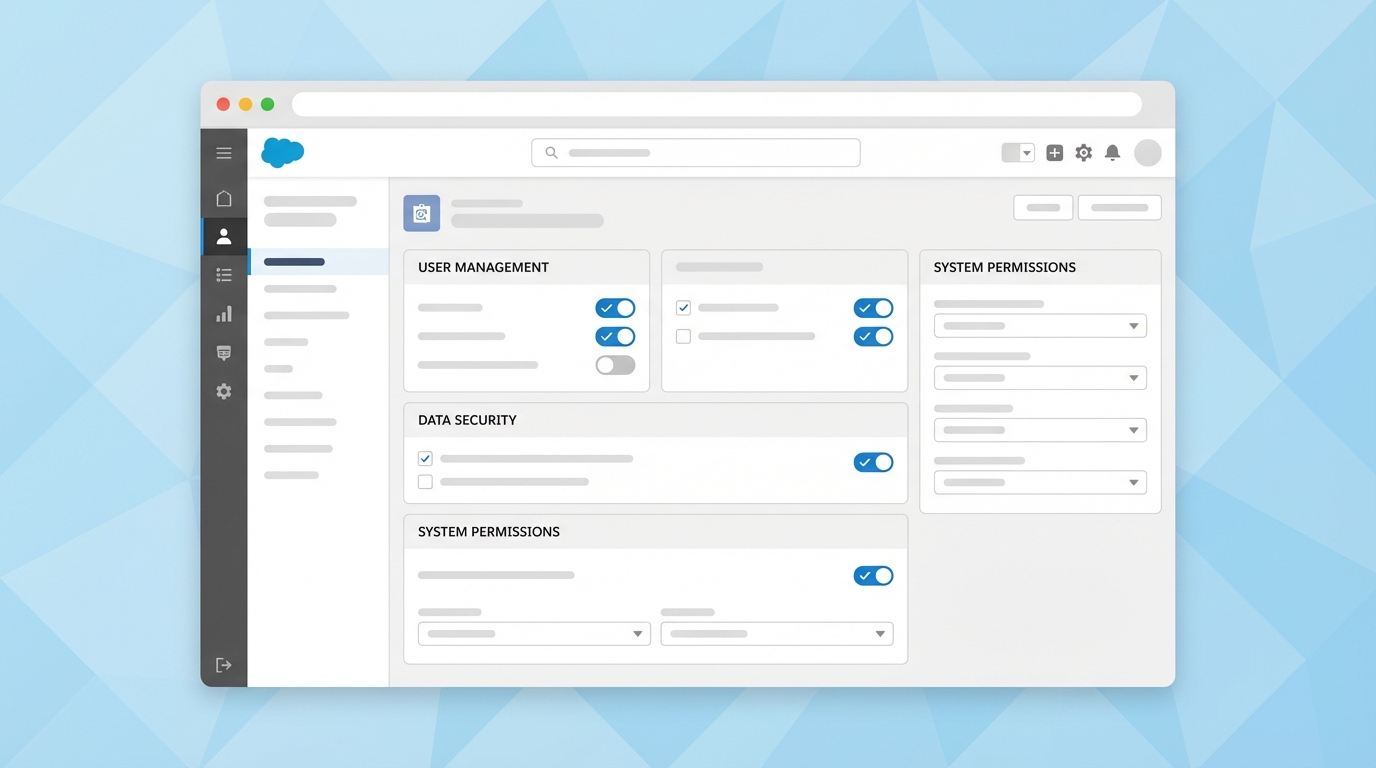 A realistic mockup of the Salesforce Setup interface showing various administrative toggle switches and configuration settings.