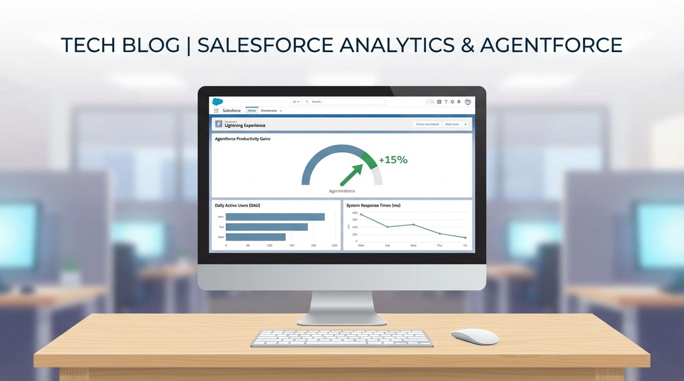 A realistic Salesforce dashboard interface displaying various data visualizations and performance metrics for AI adoption and user engagement.