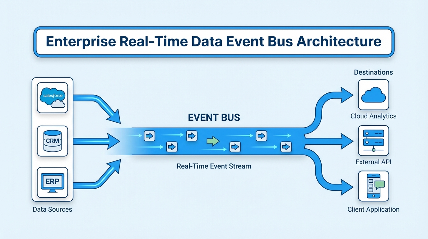 A professional architecture diagram showing Salesforce data objects flowing into a central event bus and streaming out to external applications.