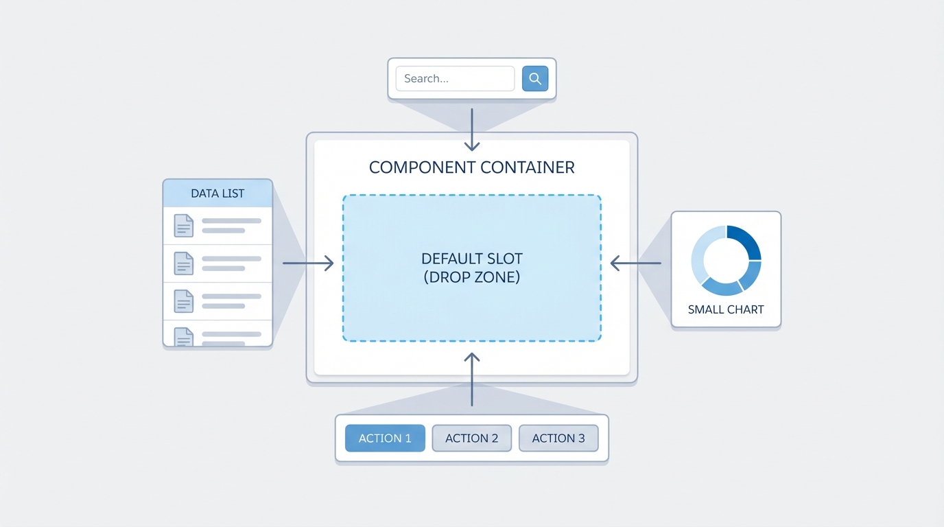 A visual diagram of a Salesforce LWC default slot, showing a component container receiving different UI elements into a central placeholder.