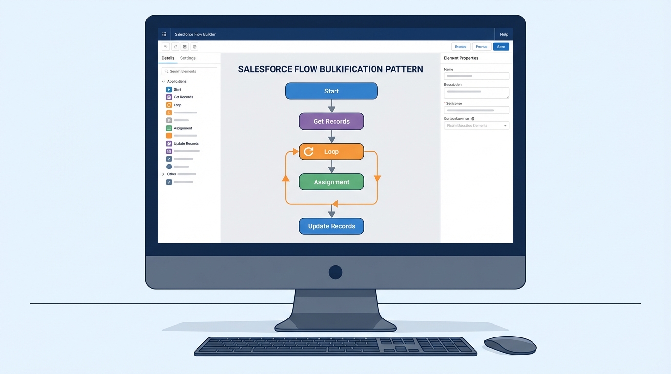 A professional Salesforce Flow Builder interface showing a bulkified automation workflow with data elements placed outside of a loop for efficient processing.
