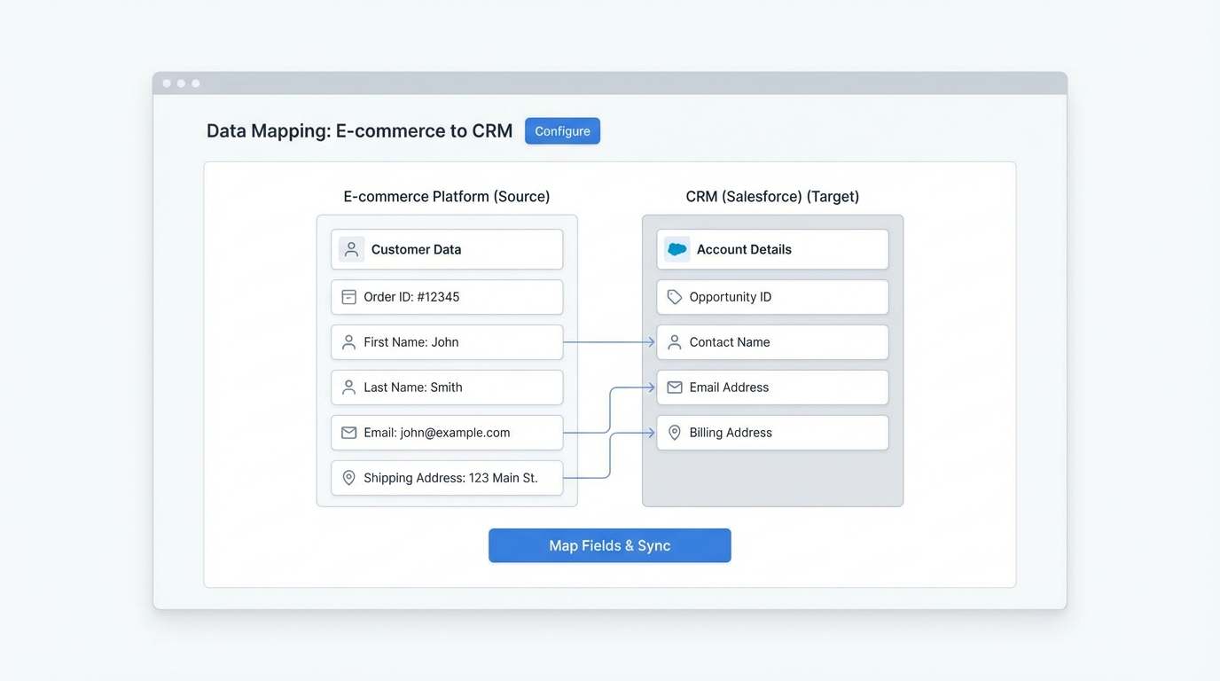 A professional UI mockup illustrating the field mapping process between an e-commerce dashboard and a Salesforce CRM environment.