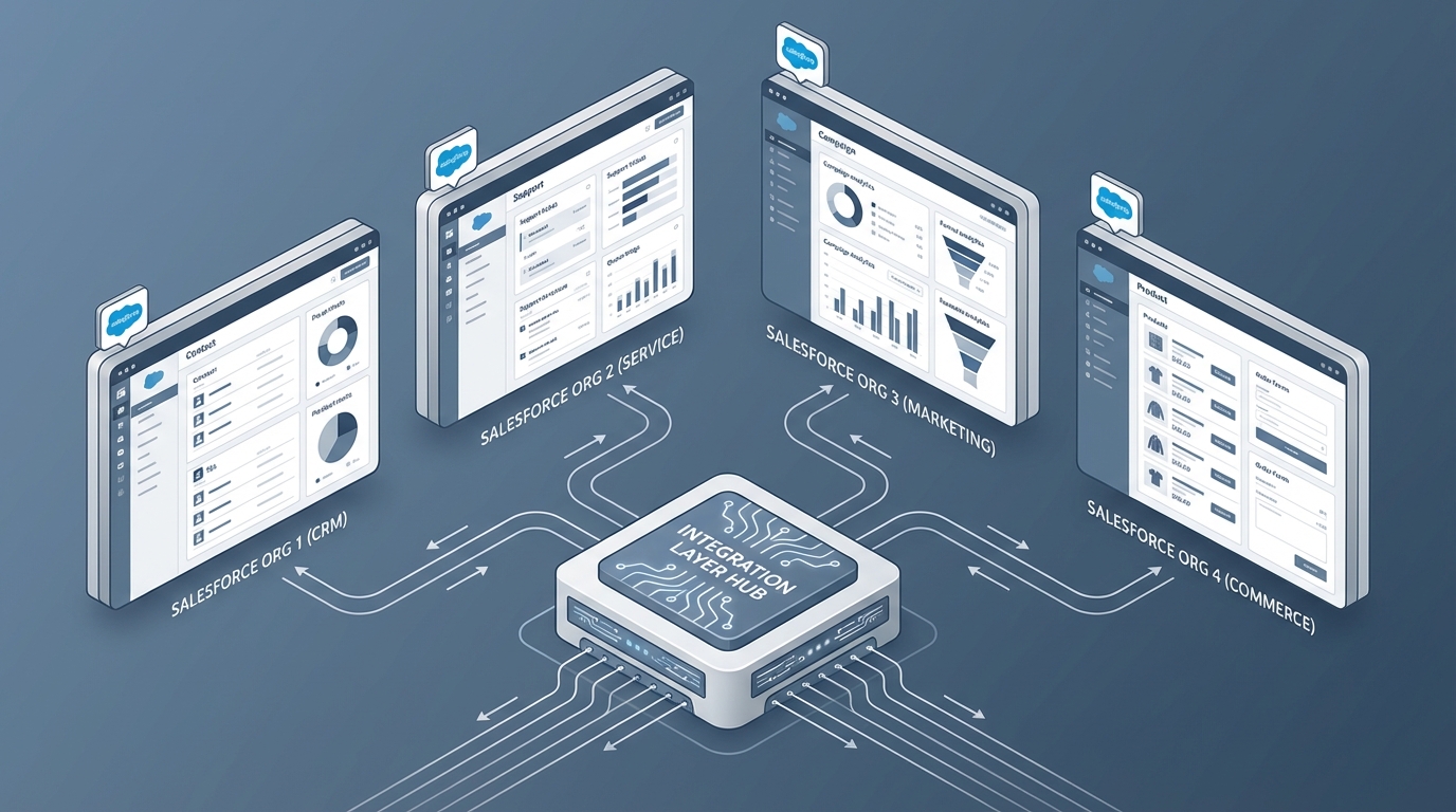 A technical architecture diagram showing a flexible API integration connecting to multiple different Salesforce org configurations.