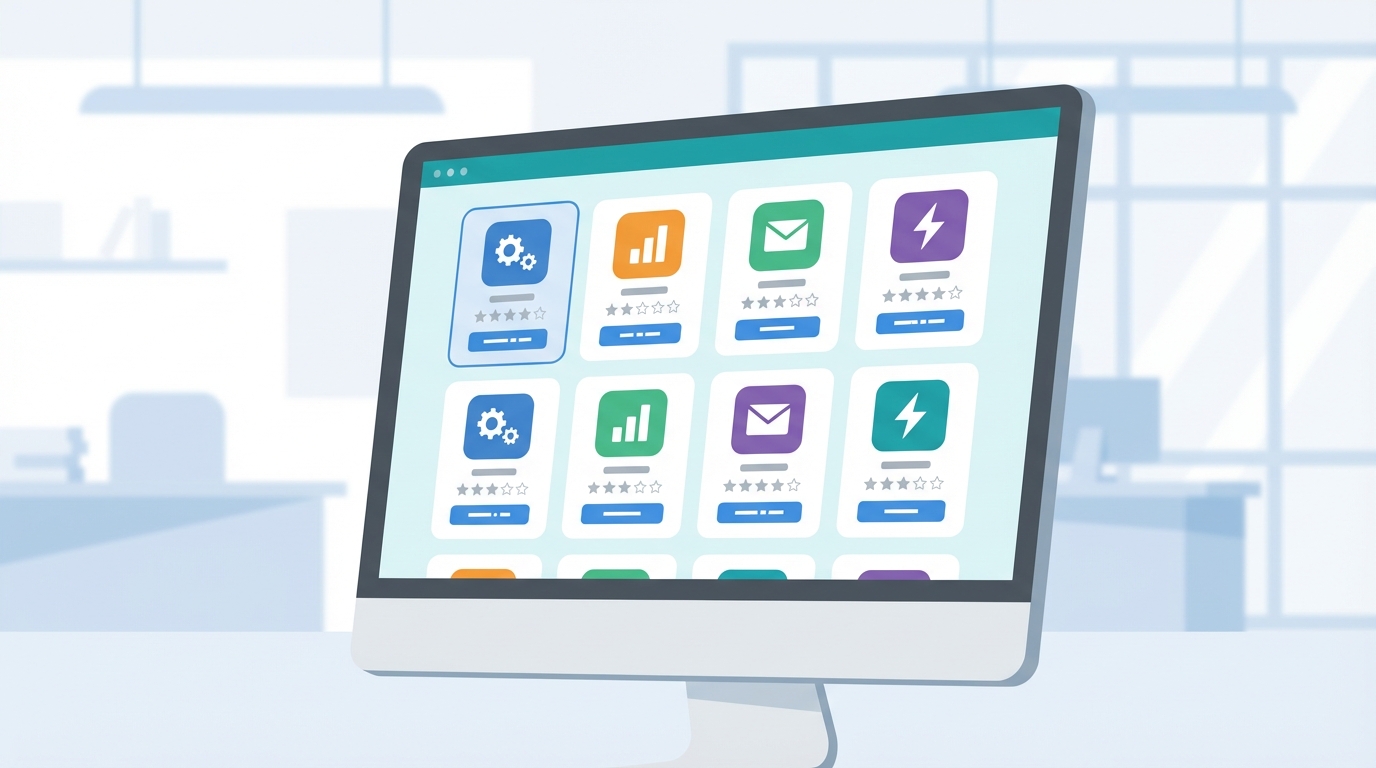 A professional mockup of a software marketplace interface showing various productivity app listings in a clean, enterprise CRM style.