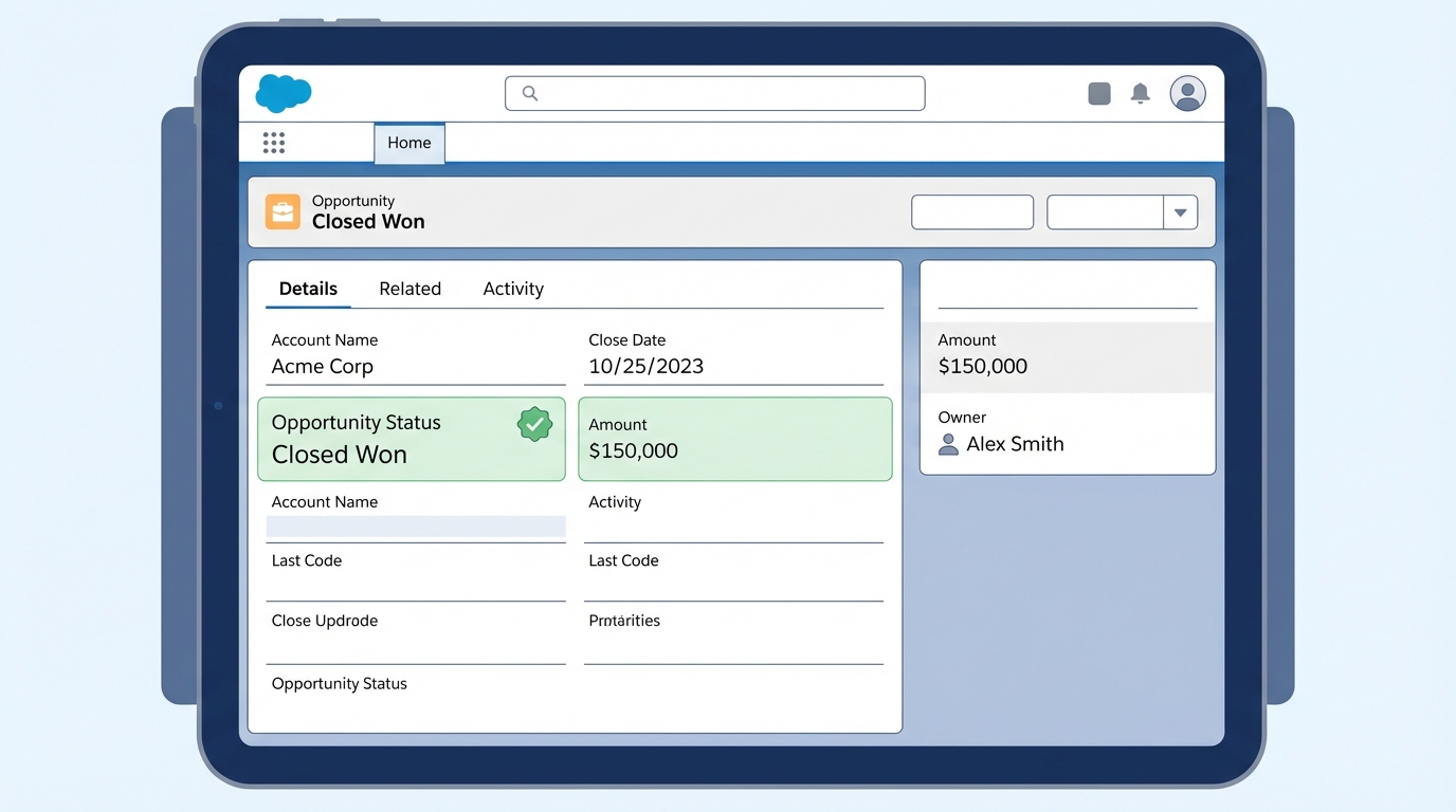 A professional UI mockup of a Salesforce record page where a specific field is highlighted using conditional formatting to stand out from other data.