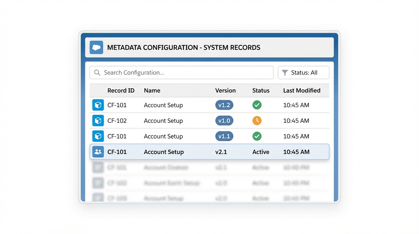A professional and organized Salesforce-style list view interface representing a structured naming system for metadata.