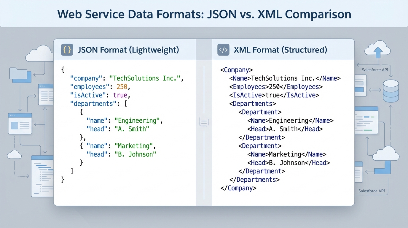 A technical comparison diagram showing the visual structural differences between JSON and XML data formats used in web services.