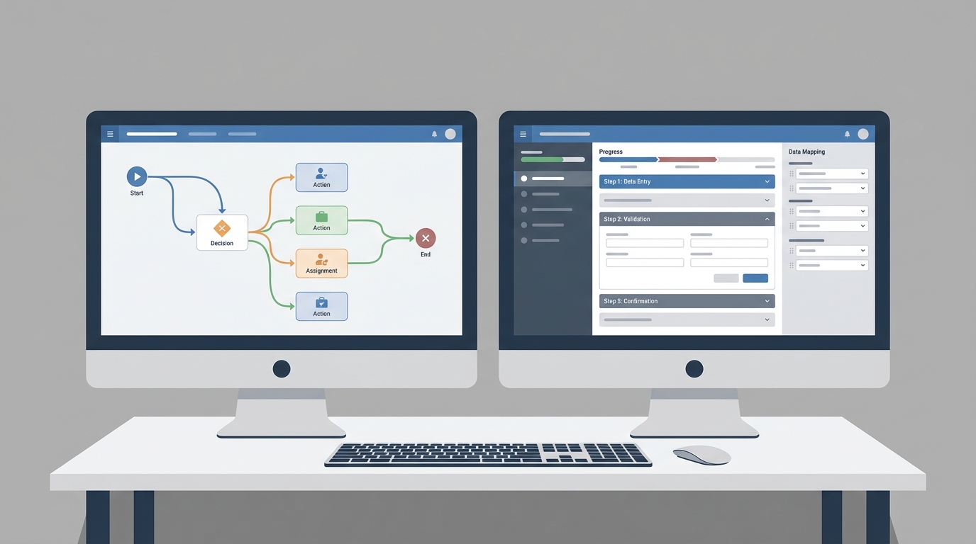 A side-by-side visual comparison of the Salesforce Flow Builder and the OmniScript Designer interfaces.