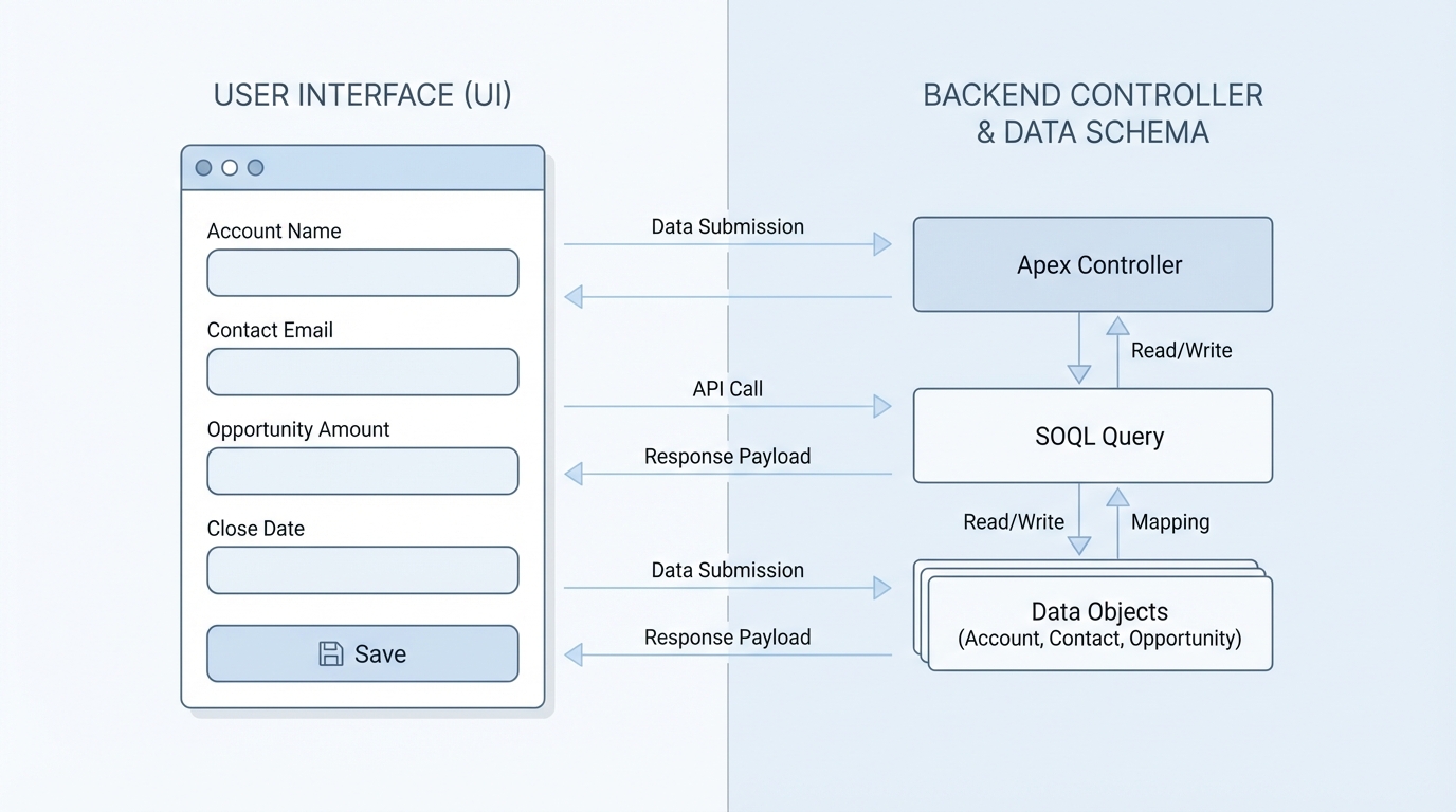 A technical diagram illustrating the directional flow of data between a Salesforce component's user interface and its underlying data model.