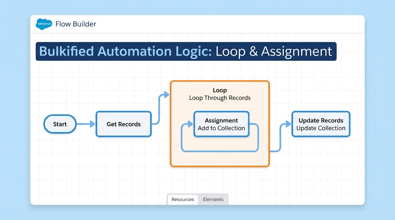 A Salesforce Flow Builder diagram demonstrating a bulkified process where an Assignment element is used within a loop to prepare records for a single update operation.