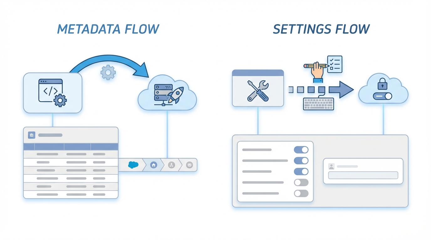 A technical architecture diagram showing the deployment workflow differences between Salesforce Custom Metadata and Custom Settings.