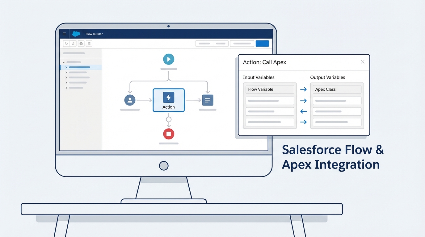 A realistic technical mockup of the Salesforce Flow Builder interface showing the configuration of an Apex action and its input variables.