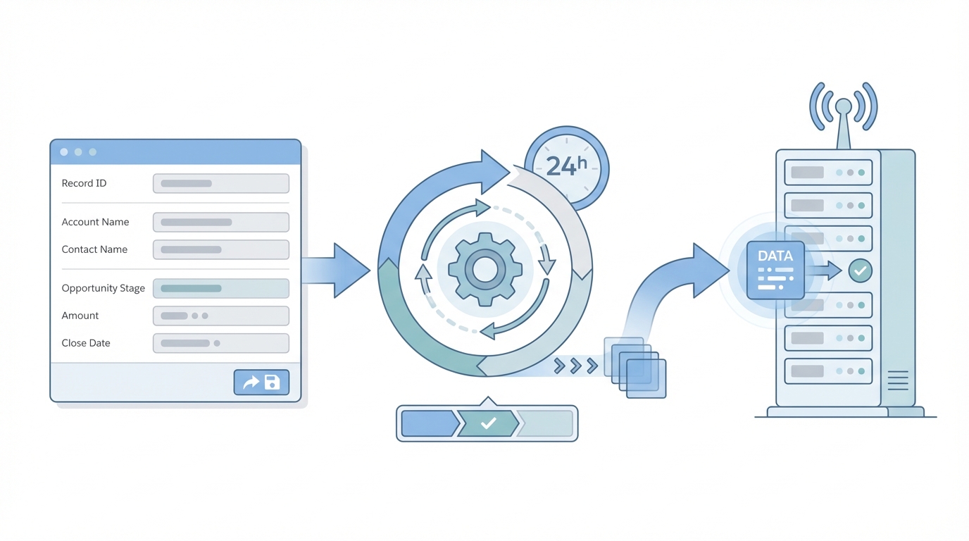 A technical architecture diagram showing a Salesforce Outbound Message connecting a single source to a single destination with a retry queue.