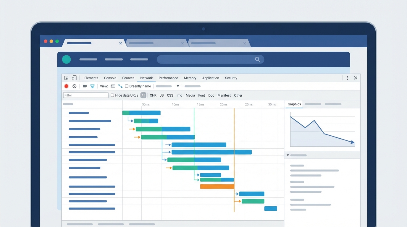 A professional UI mockup of a browser network performance tab showing request timing and data flow analysis.