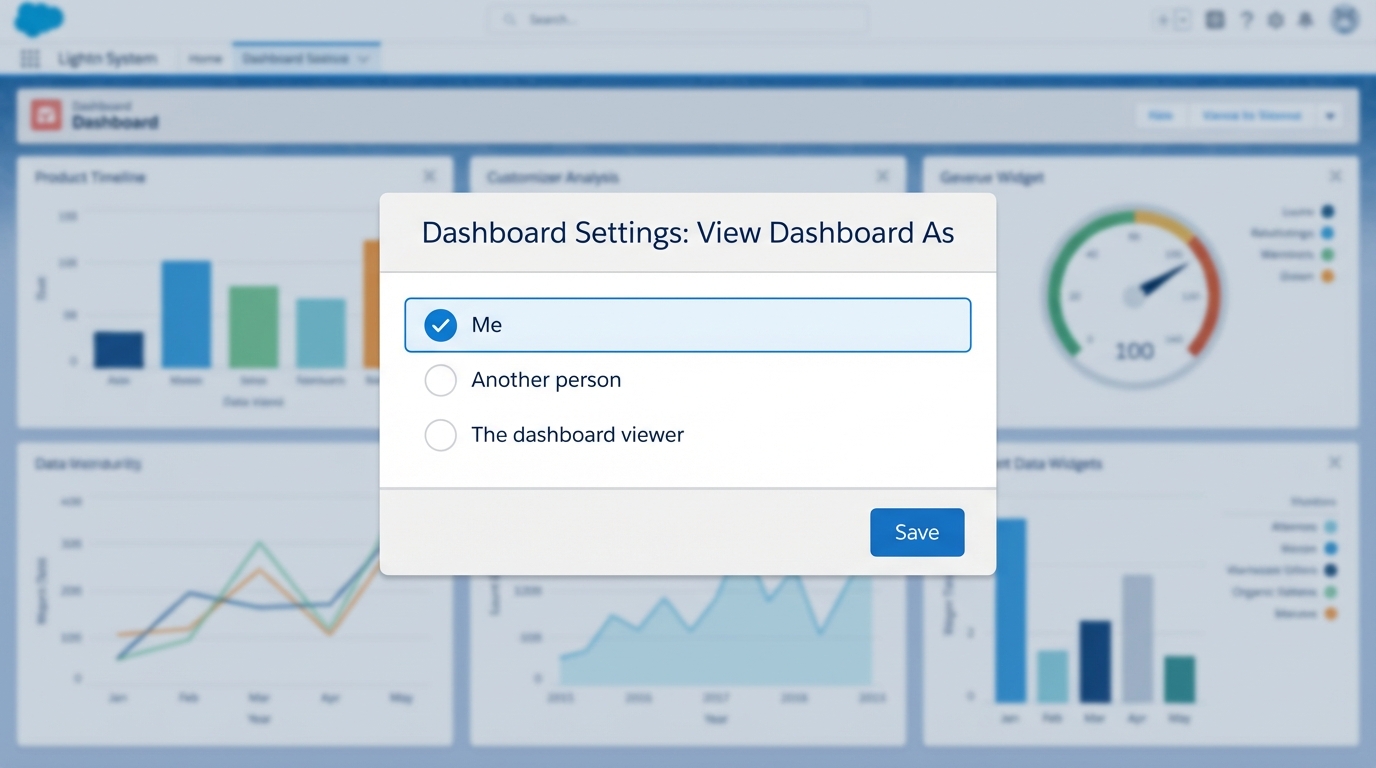 A realistic UI mockup of a Salesforce dashboard configuration panel showing visibility and user view settings.