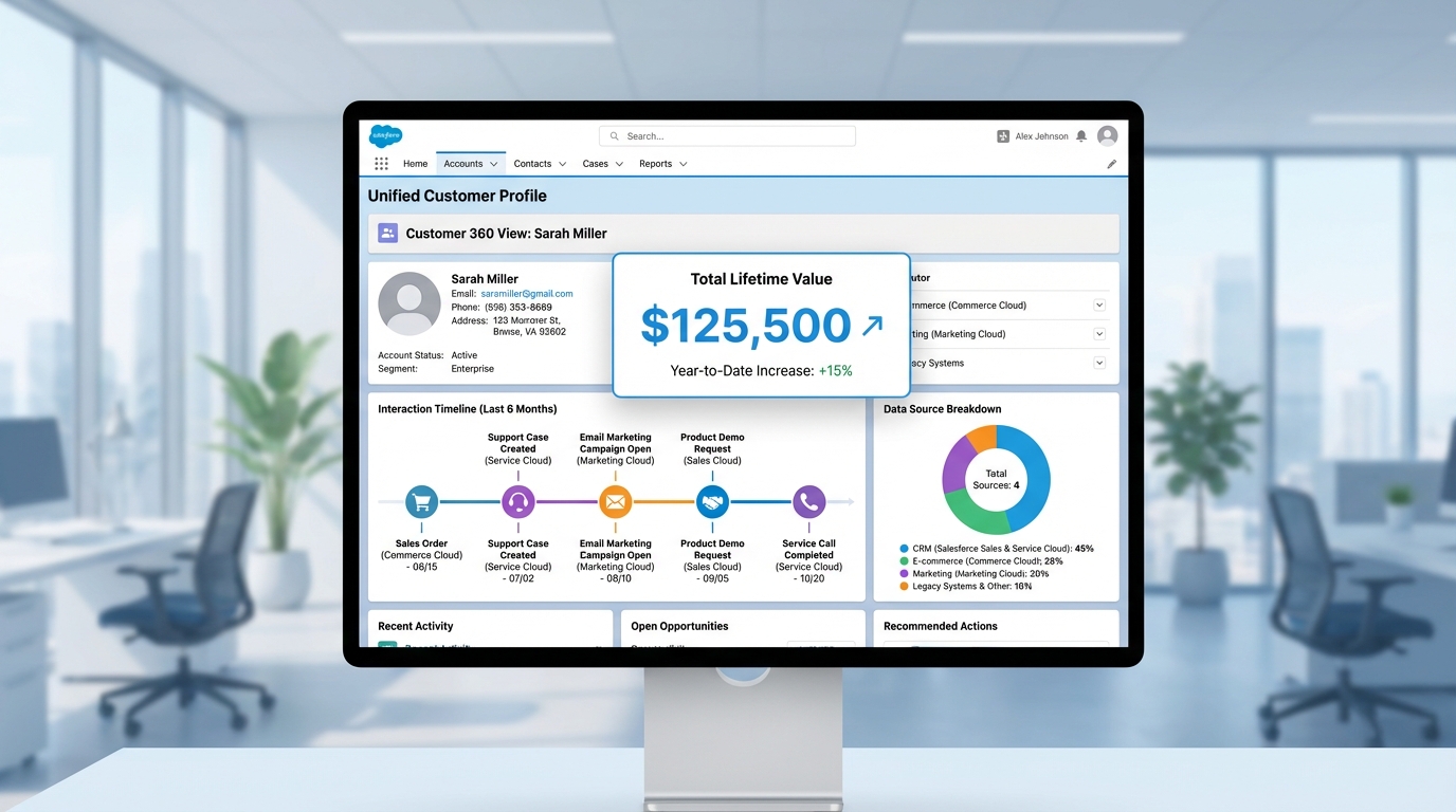 A Salesforce Data Cloud dashboard showing a unified customer profile with a lifetime value metric and integrated activity timeline.