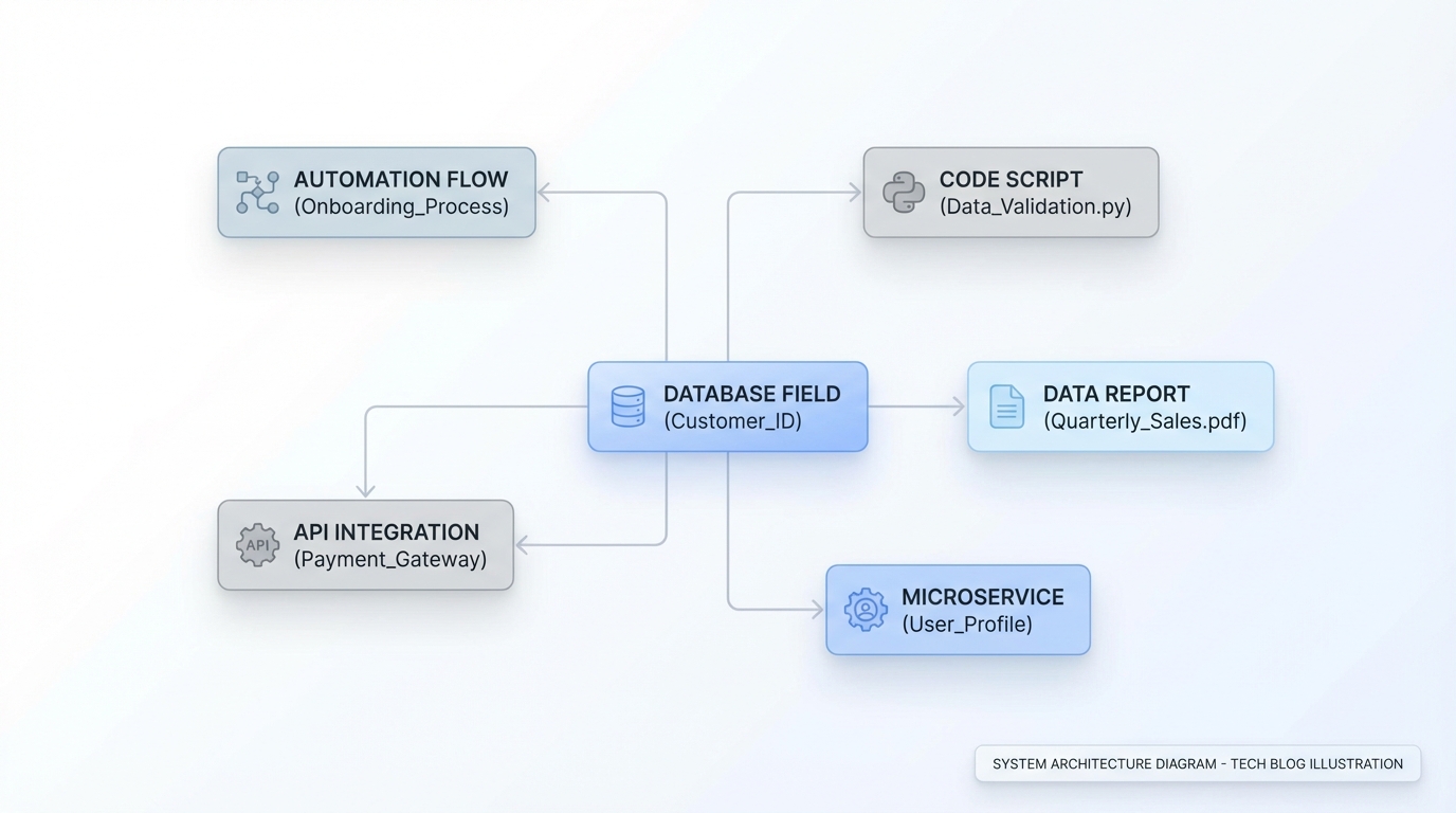 A technical dependency map illustrating how a central database field is connected to various system components like automation and reports.