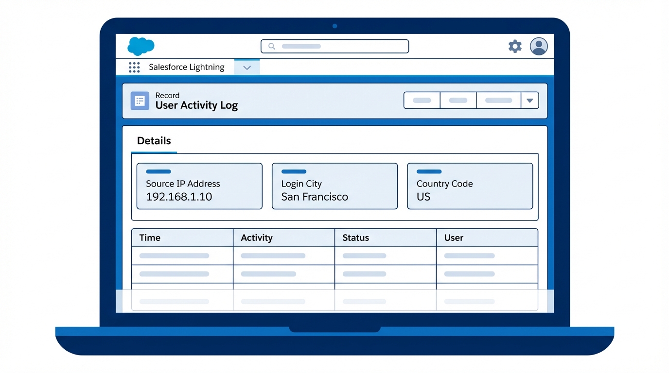 A realistic Salesforce Lightning interface showing a log entry with user IP address and geographic location details.