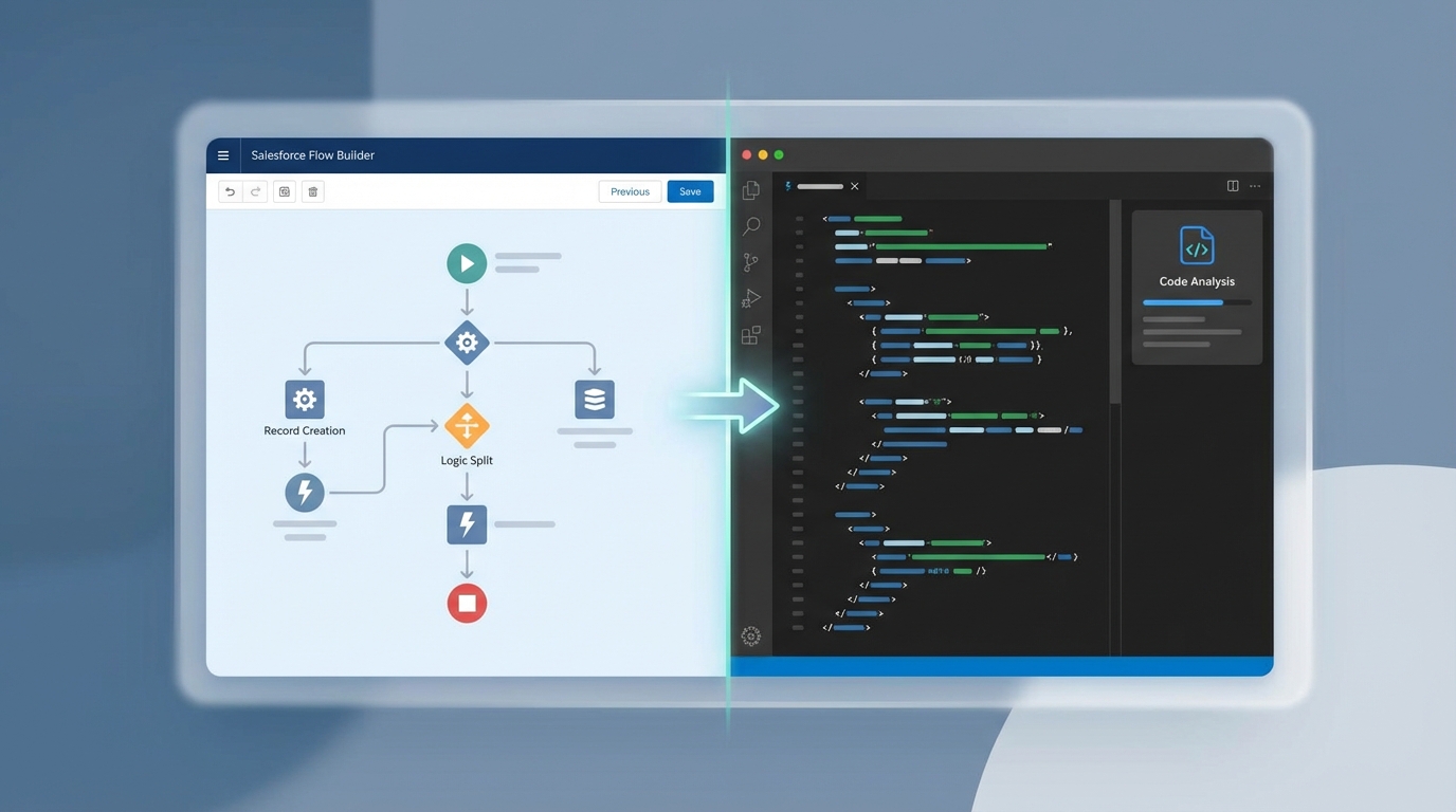 A split-screen visualization showing a Salesforce Flow Builder diagram next to a professional code editor with Apex code and analysis tools.