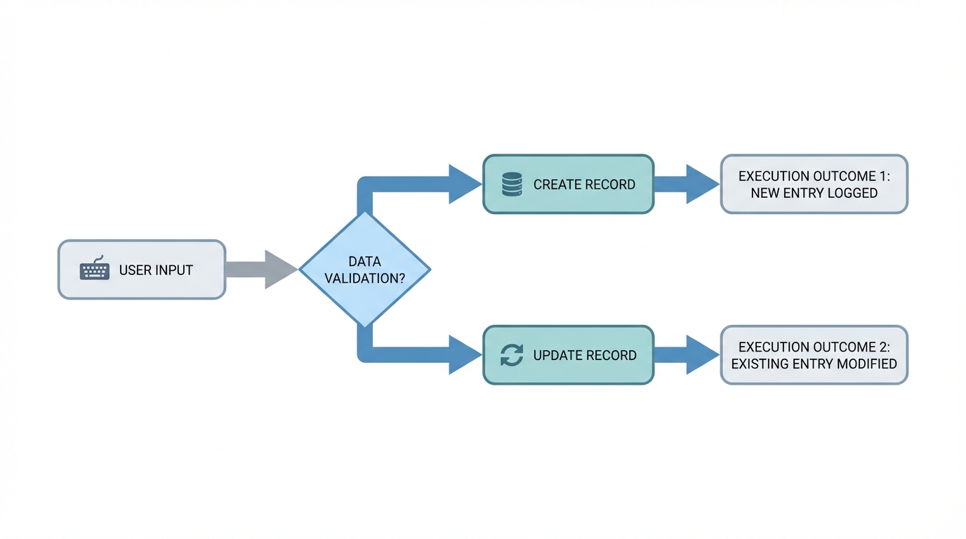 A technical flow diagram showing the logic branch between an insert and an update operation in a database system.