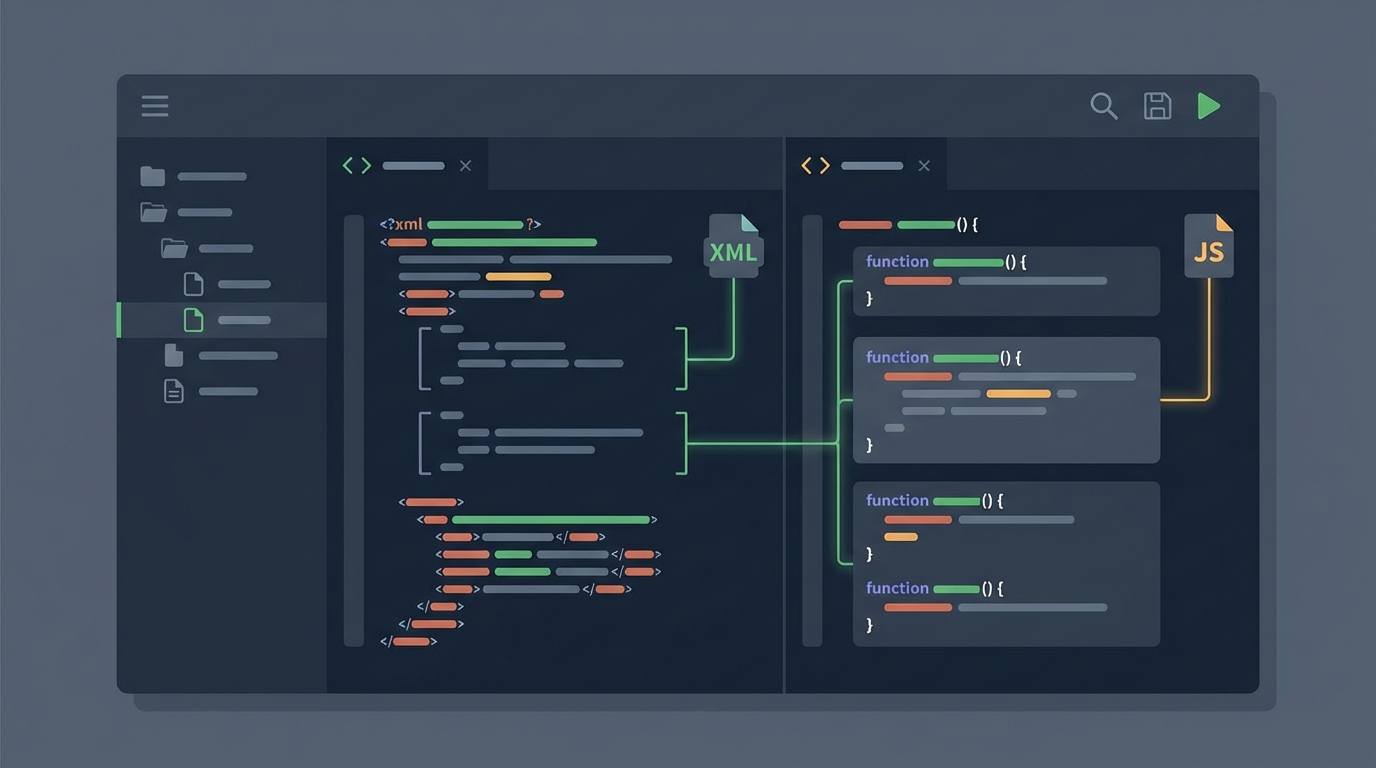 A professional code editor interface showing the split-view configuration of a Salesforce Lightning Web Component.