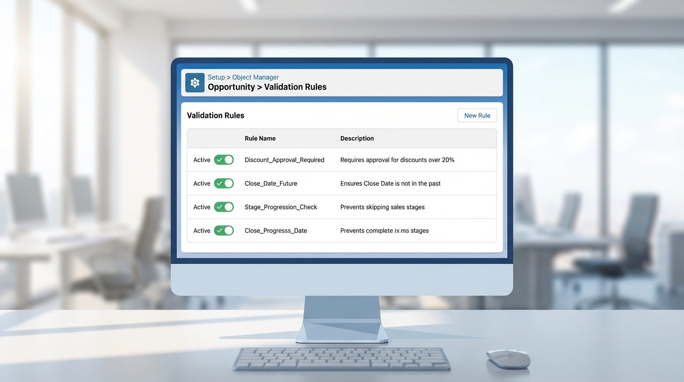 A clean, professional UI mockup showing a list of Salesforce validation rules in a tabular format on a desktop monitor.