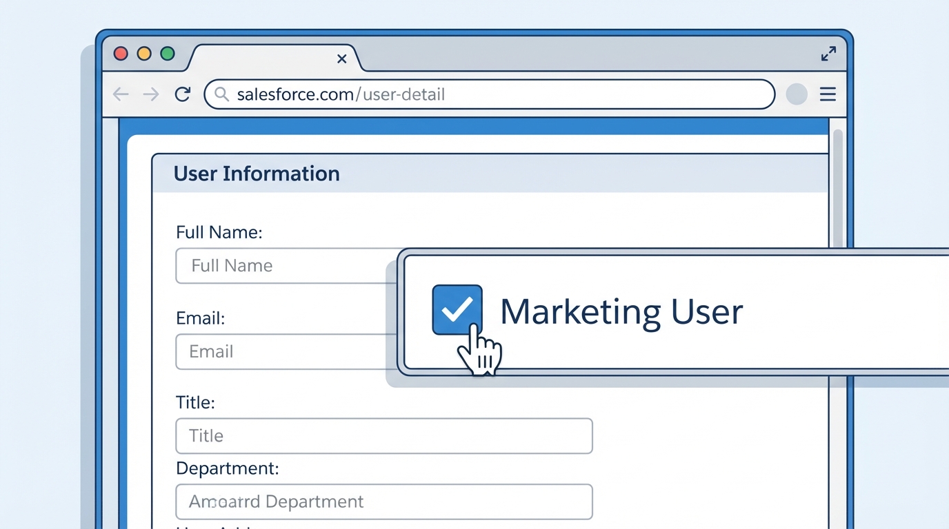 A realistic screenshot of a Salesforce user detail page focusing on the Marketing User checkbox field being enabled.